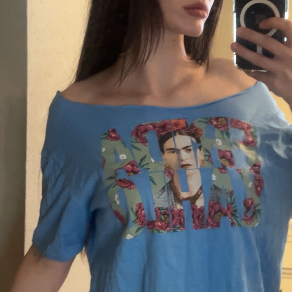 blue floral frida khalo off the shoulder t shirt
